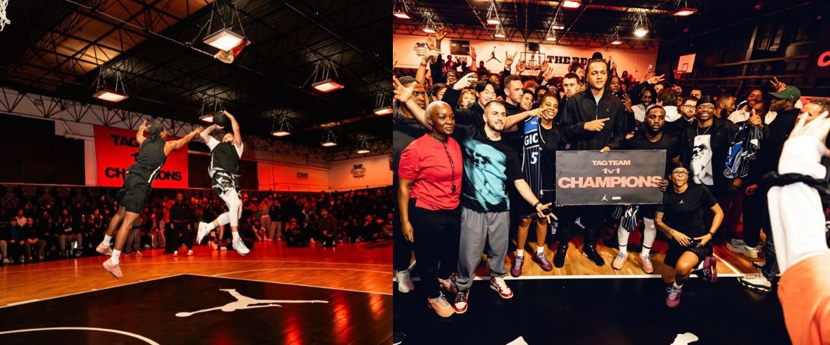 Players mid-air during intense basketball play at Simply British Ballers Tag Team 1v1 tournament, with Jordan logo and cheering crowd. Celebratory group photo of tournament winners and supporters holding “Tag Team 1v1 Champions” sign on Black Prince Trust court.